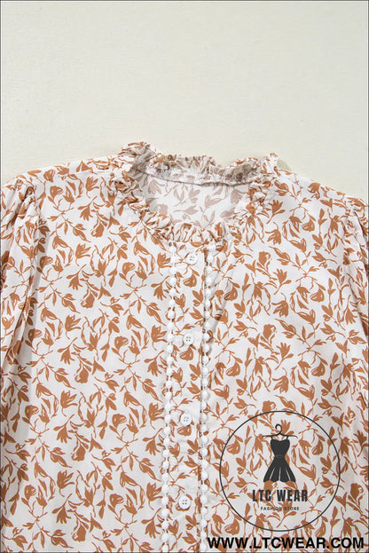 Blue Floral Print Lace Detail Puff Sleeve Shirt - L.T.C Wear Online Fashion Store