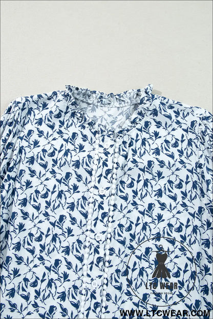 Blue Floral Print Lace Detail Puff Sleeve Shirt - L.T.C Wear Online Fashion Store