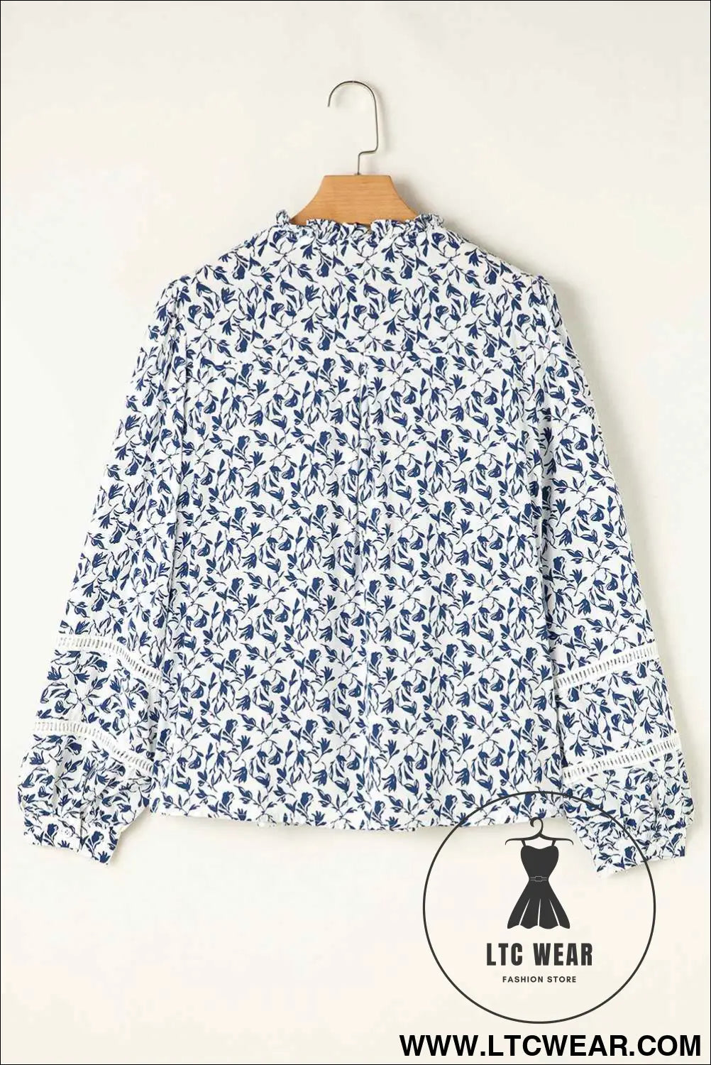 Blue Floral Print Lace Detail Puff Sleeve Shirt