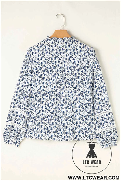 Blue Floral Print Lace Detail Puff Sleeve Shirt