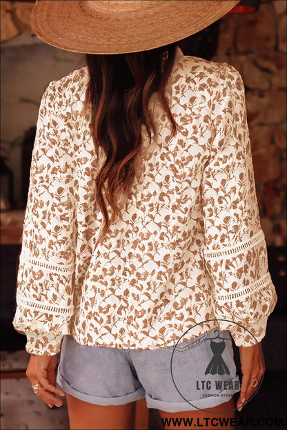 Blue Floral Print Lace Detail Puff Sleeve Shirt - L.T.C Wear Online Fashion Store