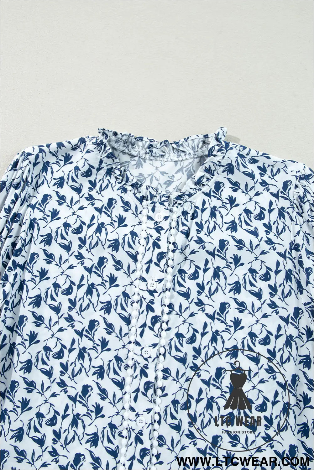 Blue Floral Print Lace Detail Puff Sleeve Shirt - L.T.C Wear Online Fashion Store