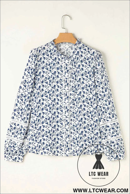 Blue Floral Print Lace Detail Puff Sleeve Shirt