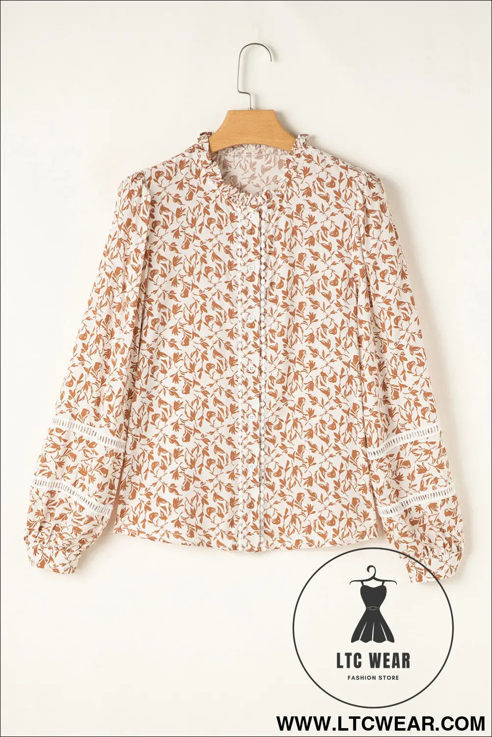 Blue Floral Print Lace Detail Puff Sleeve Shirt - L.T.C Wear Online Fashion Store