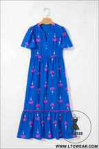 Blue Floral Print Notched Neck Butterfly Sleeve Shift Long Dress