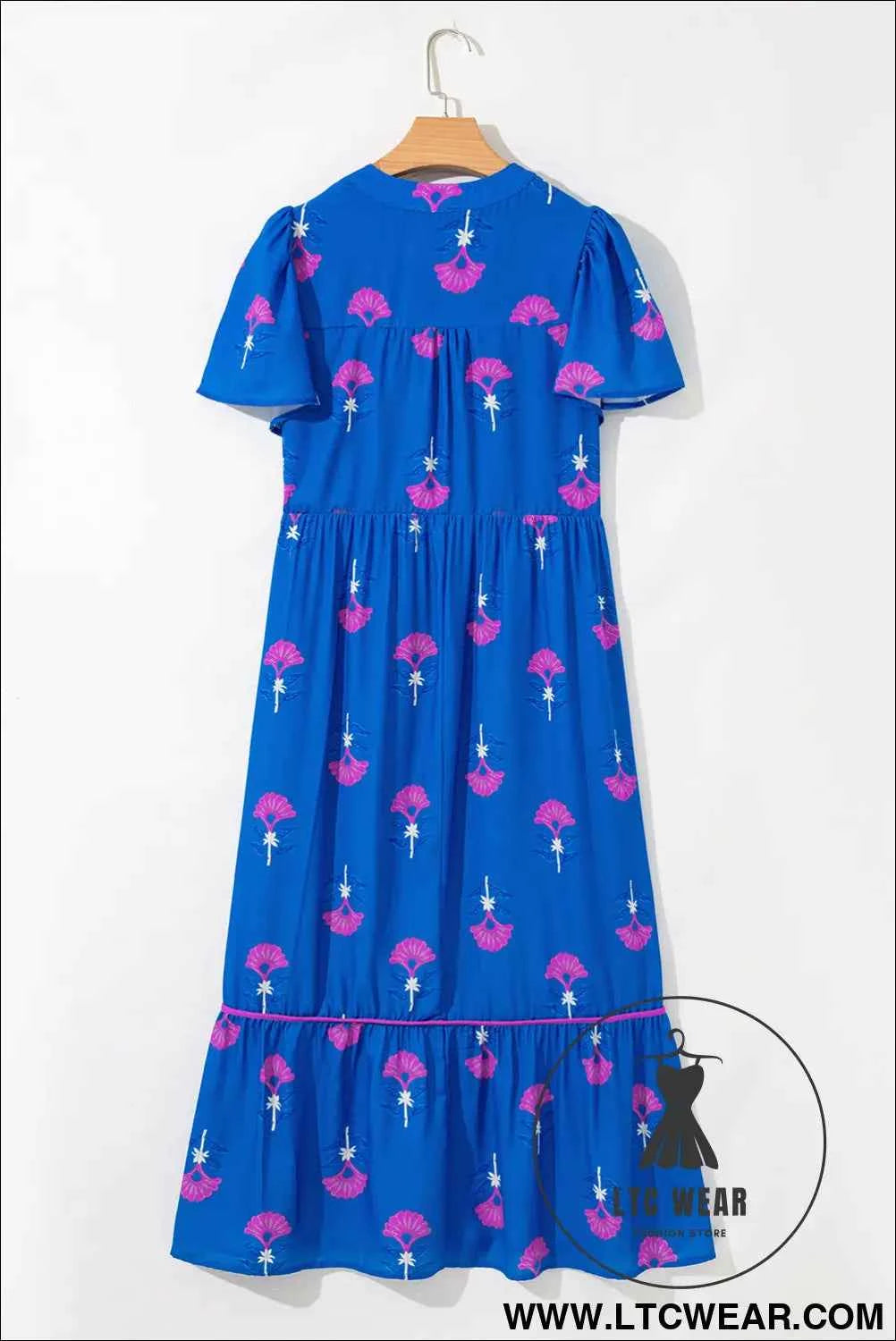 Blue Floral Print Notched Neck Butterfly Sleeve Shift Long Dress