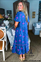 Blue Floral Print Notched Neck Butterfly Sleeve Shift Long Dress