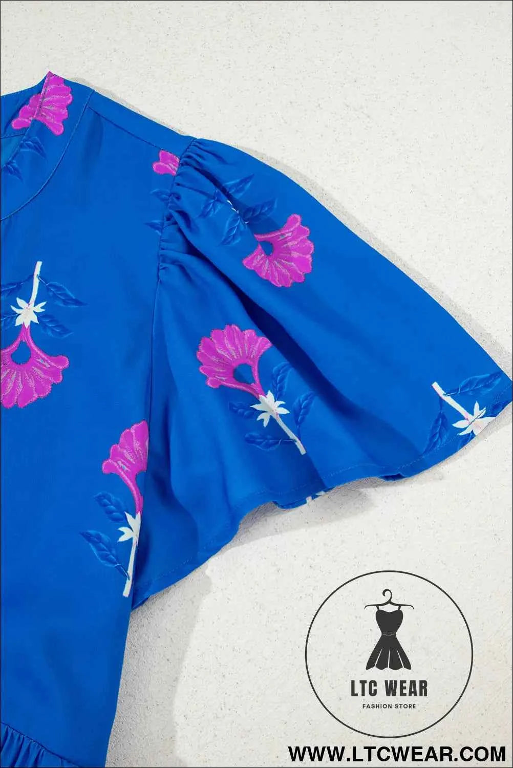 Blue Floral Print Notched Neck Butterfly Sleeve Shift Long Dress