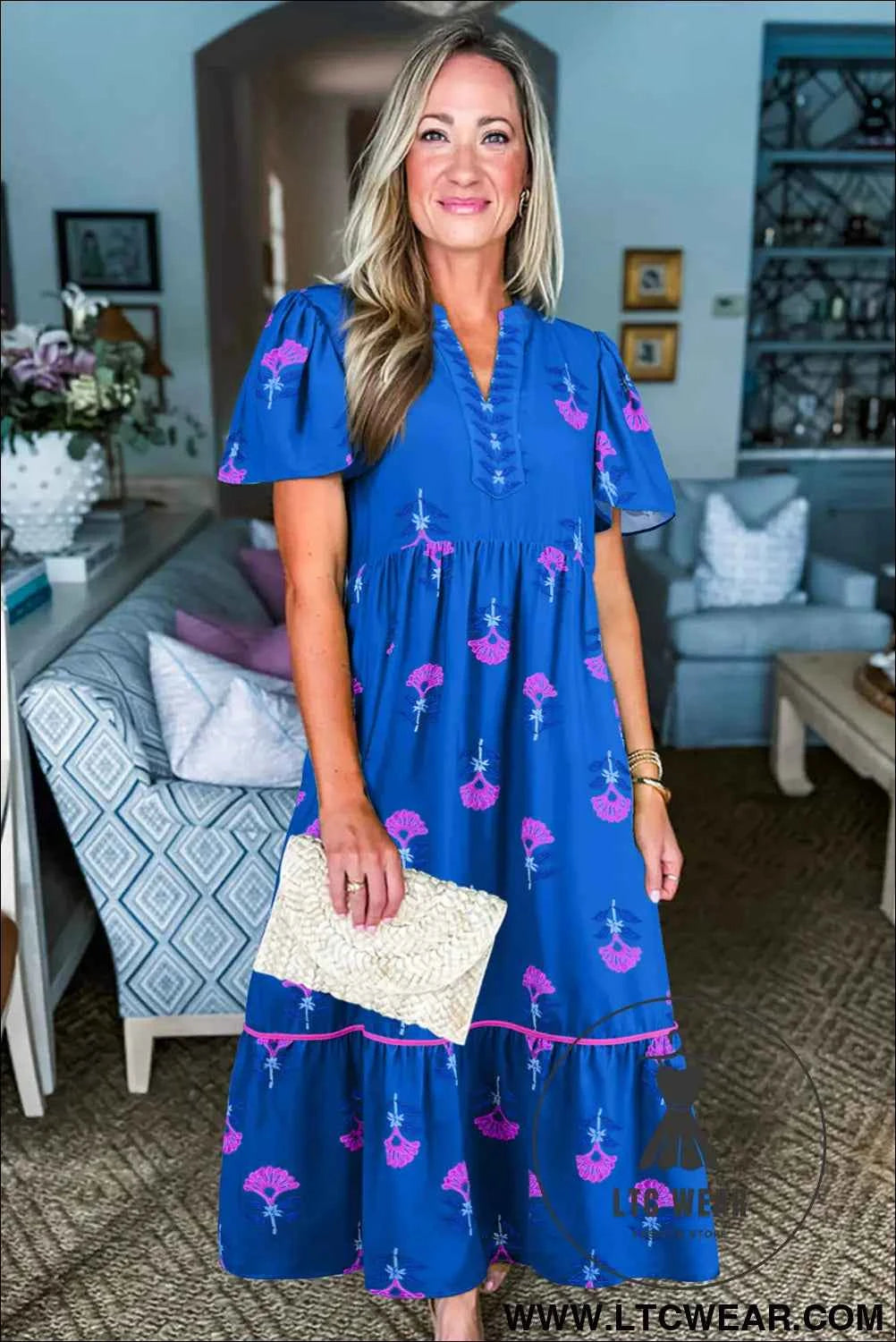 Blue Floral Print Notched Neck Butterfly Sleeve Shift Long Dress
