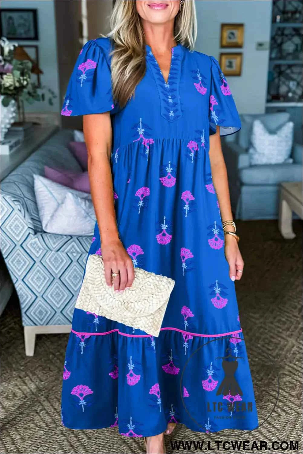 Blue Floral Print Notched Neck Butterfly Sleeve Shift Long Dress