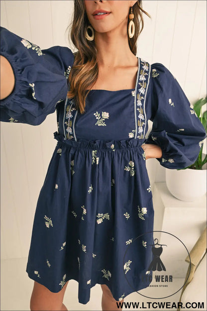 Blue floral print puff sleeve babydoll dress - blue / l / 100% cotton - mini dresses