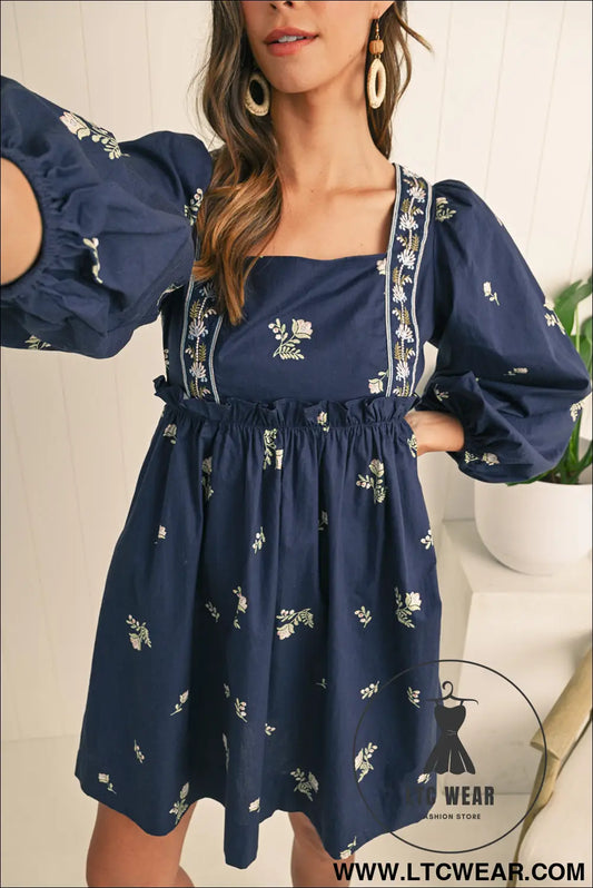Blue floral print puff sleeve babydoll dress - blue / l / 100% cotton - mini dresses