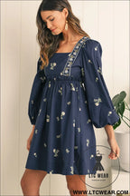 Blue floral print puff sleeve babydoll dress - mini dresses