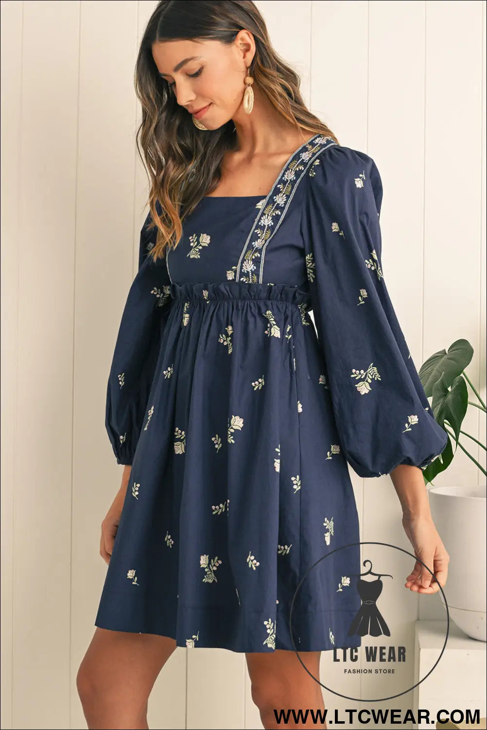 Blue floral print puff sleeve babydoll dress - mini dresses