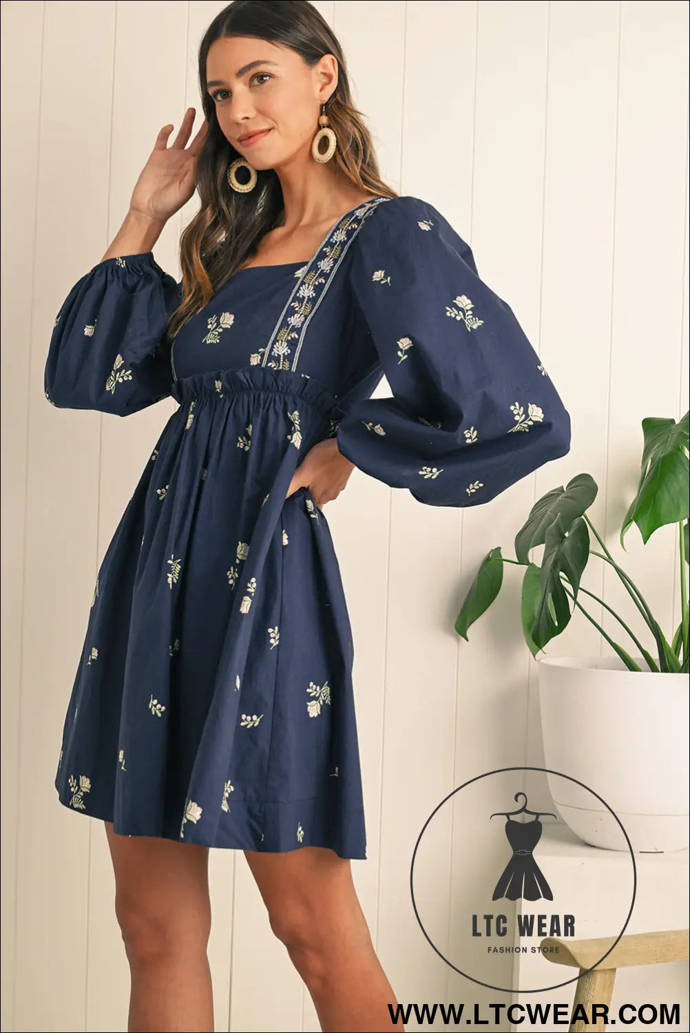 Blue floral print puff sleeve babydoll dress - mini dresses