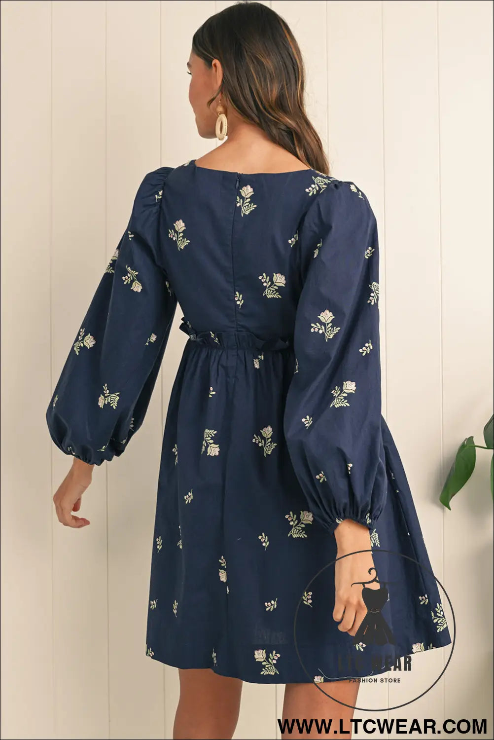 Blue floral print puff sleeve babydoll dress - mini dresses