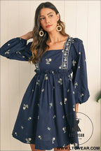 Blue floral print puff sleeve babydoll dress - mini dresses
