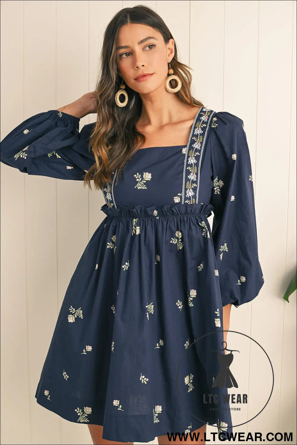Blue floral print puff sleeve babydoll dress - mini dresses