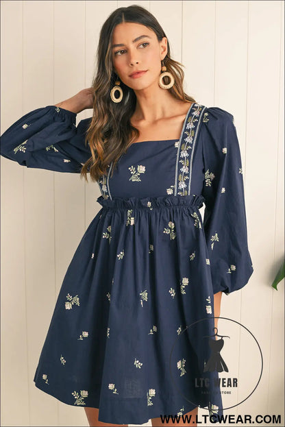 Blue floral print puff sleeve babydoll dress - mini dresses