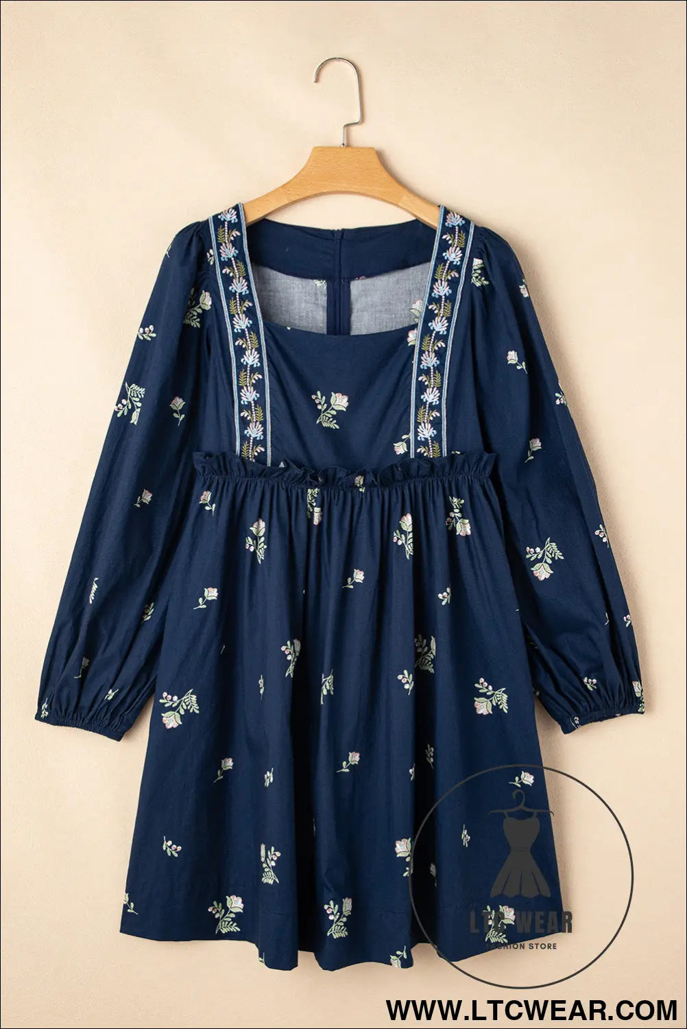 Blue floral print puff sleeve babydoll dress - mini dresses
