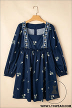 Blue floral print puff sleeve babydoll dress - mini dresses
