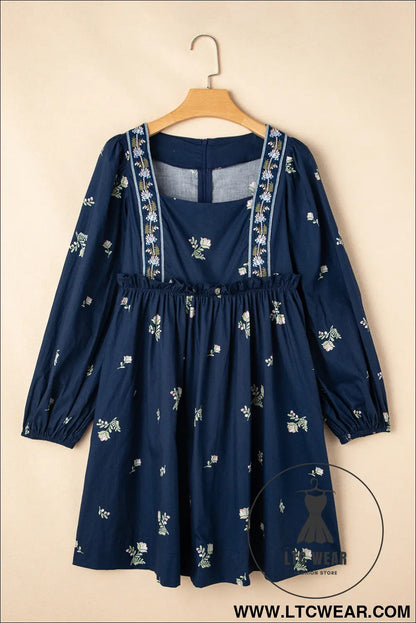 Blue floral print puff sleeve babydoll dress - mini dresses