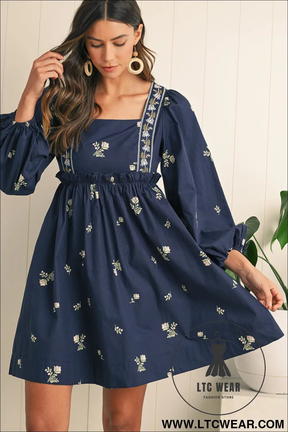 Blue floral print puff sleeve babydoll dress - mini dresses