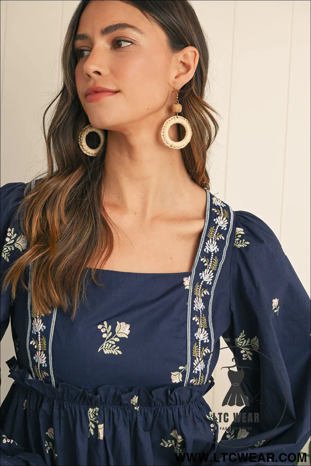 Blue floral print puff sleeve babydoll dress - mini dresses