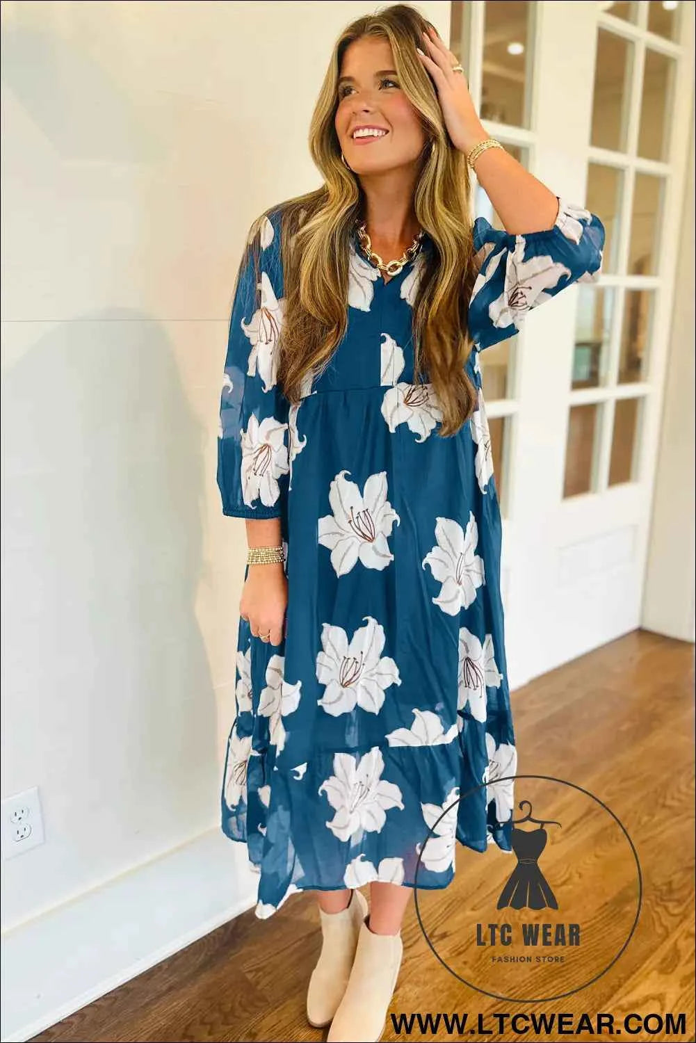 Blue Floral Print Shirt Collar V Neck 3/4 Sleeve Shift Midi Dress