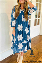 Blue Floral Print Shirt Collar V Neck 3/4 Sleeve Shift Midi Dress