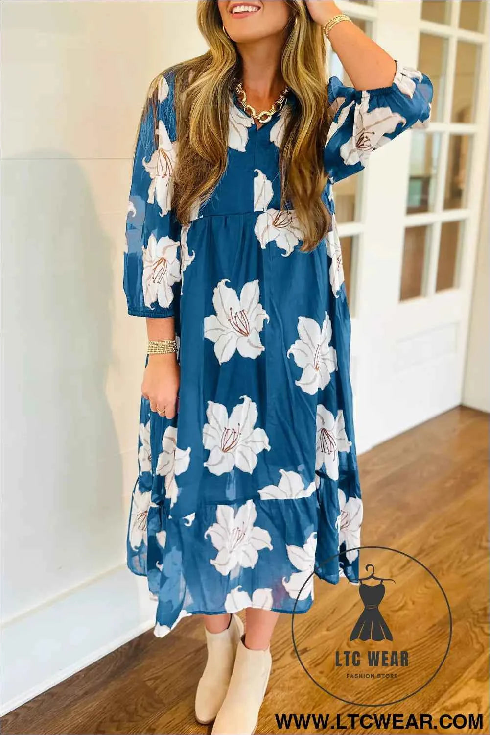 Blue Floral Print Shirt Collar V Neck 3/4 Sleeve Shift Midi Dress