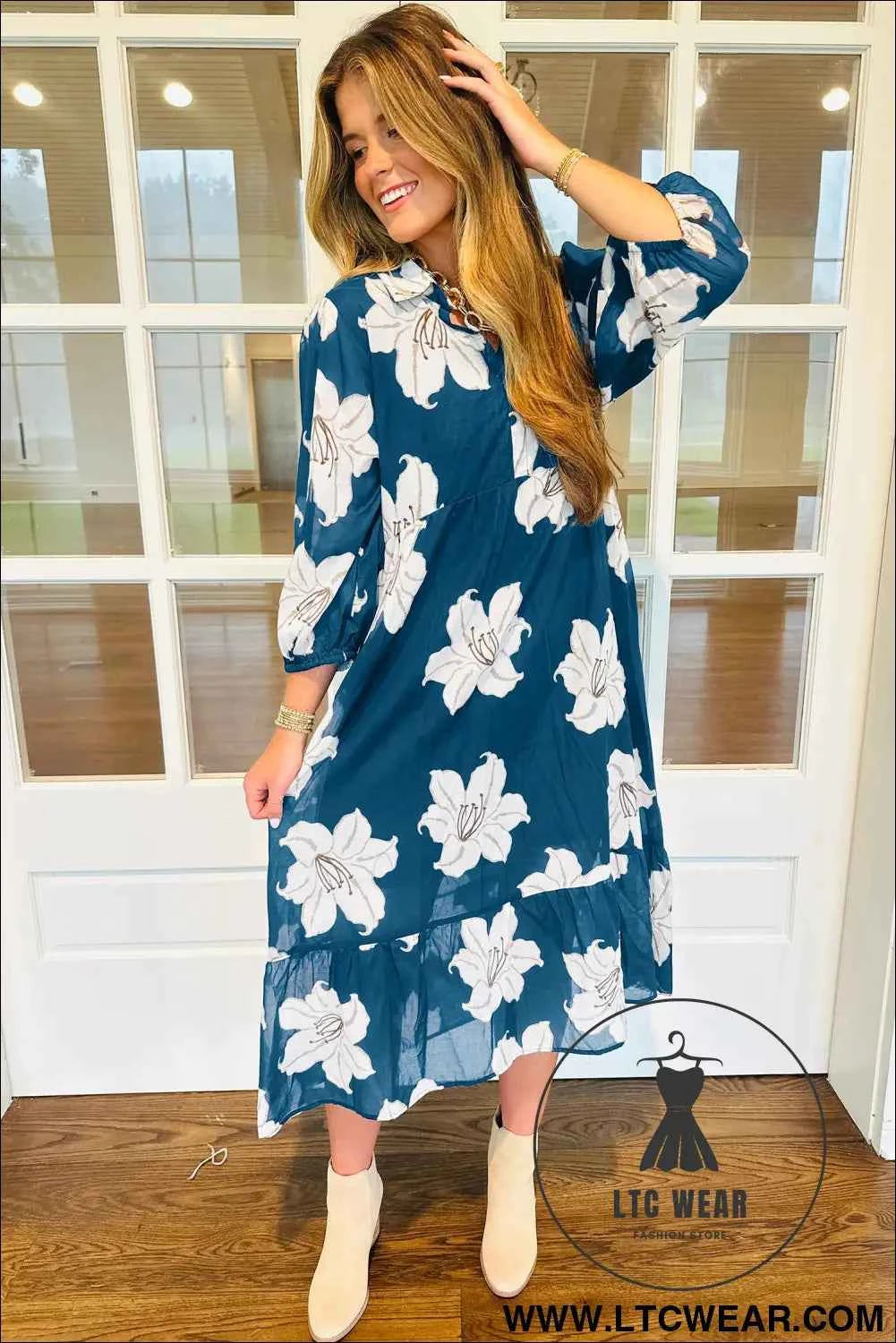 Blue Floral Print Shirt Collar V Neck 3/4 Sleeve Shift Midi Dress