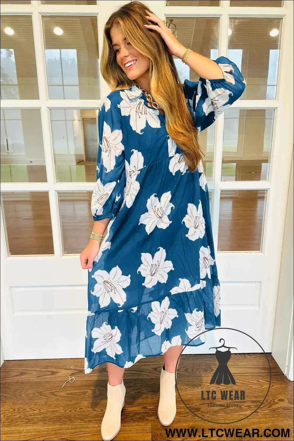Blue Floral Print Shirt Collar V Neck 3/4 Sleeve Shift Midi Dress