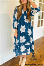 Blue Floral Print Shirt Collar V Neck 3/4 Sleeve Shift Midi Dress