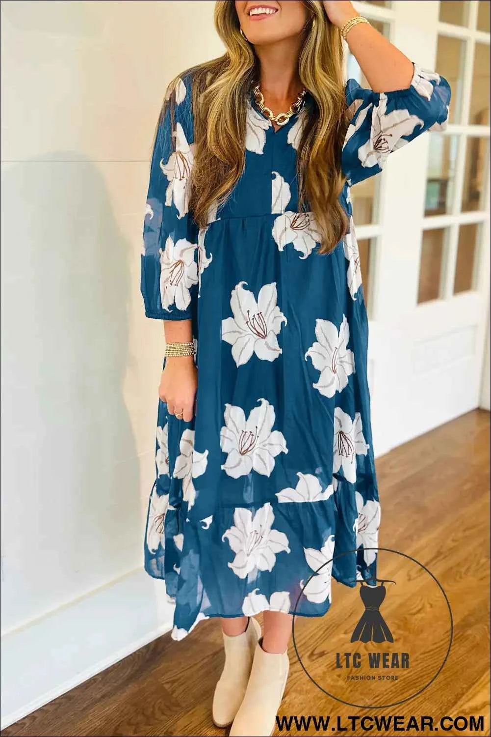 Blue Floral Print Shirt Collar V Neck 3/4 Sleeve Shift Midi Dress