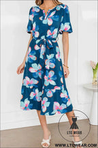 Blue Floral Print Short Puff Sleeve Ruffle Hem Belted Long Dress