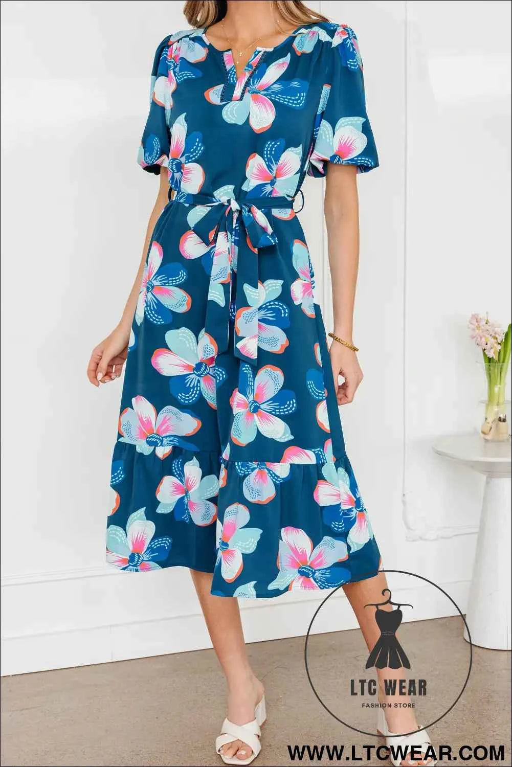 Blue Floral Print Short Puff Sleeve Ruffle Hem Belted Long Dress