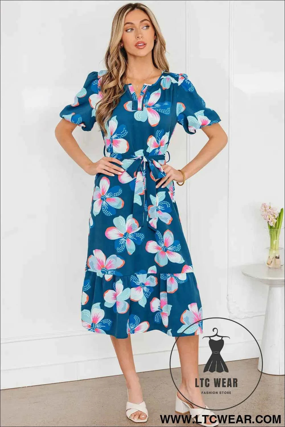 Blue Floral Print Short Puff Sleeve Ruffle Hem Belted Long Dress