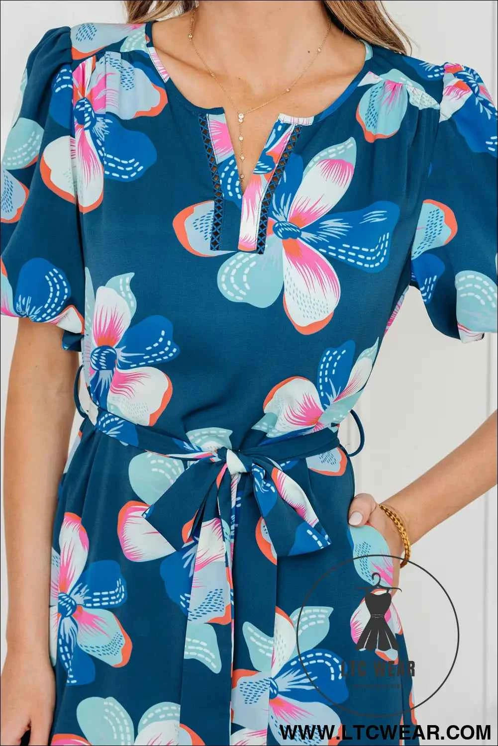 Blue Floral Print Short Puff Sleeve Ruffle Hem Belted Long Dress