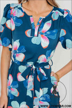 Blue Floral Print Short Puff Sleeve Ruffle Hem Belted Long Dress
