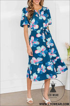 Blue Floral Print Short Puff Sleeve Ruffle Hem Belted Long Dress