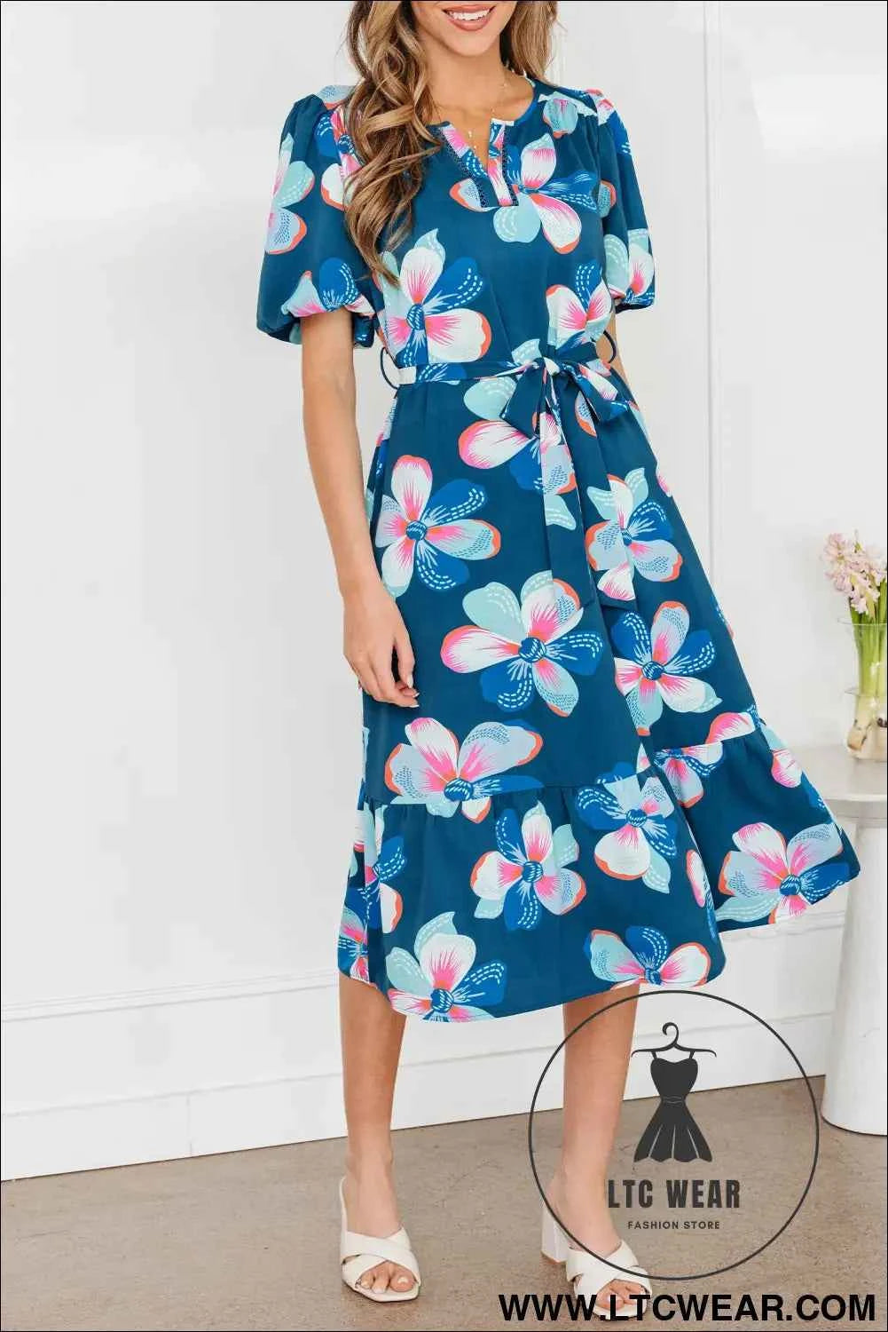 Blue Floral Print Short Puff Sleeve Ruffle Hem Belted Long Dress