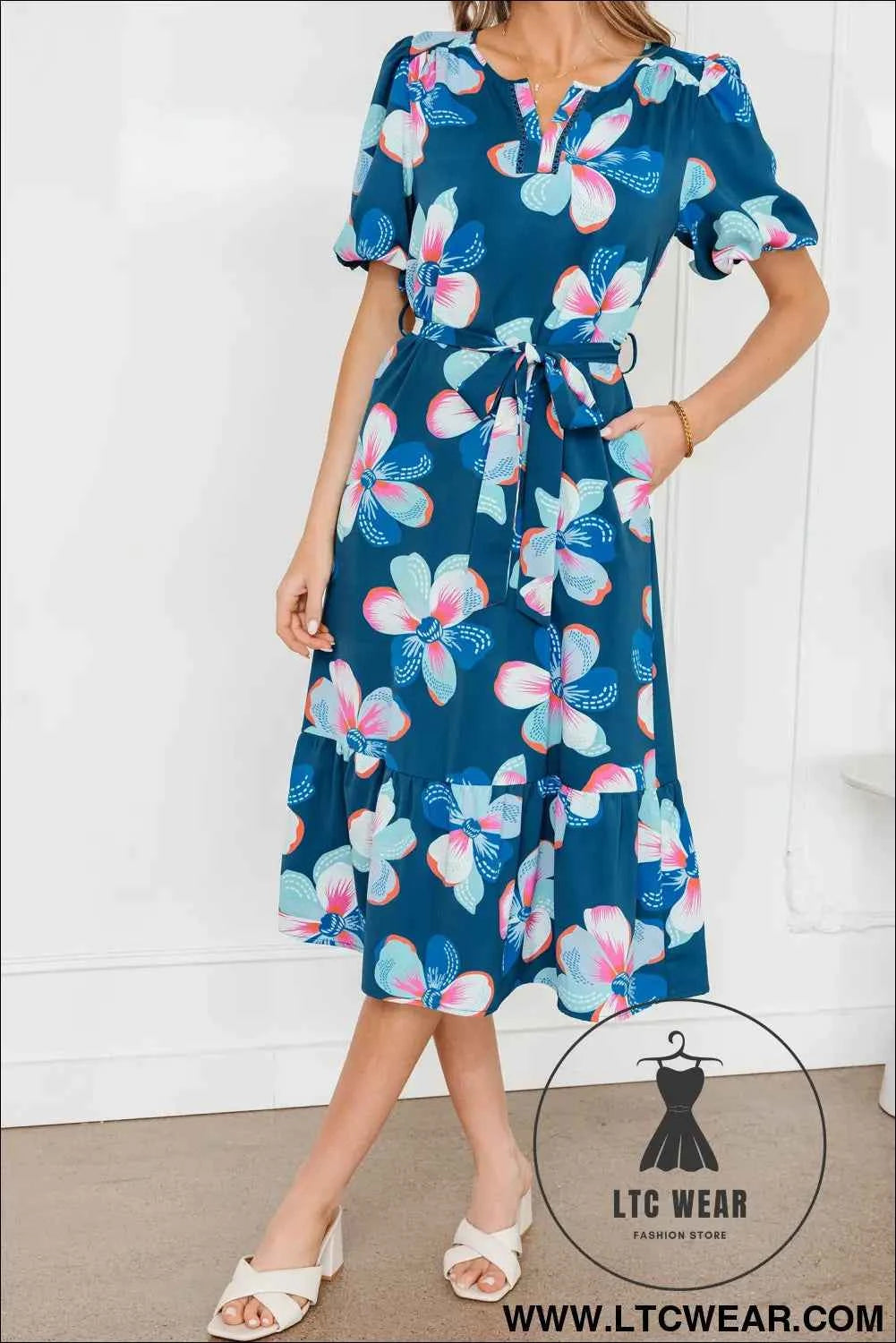 Blue Floral Print Short Puff Sleeve Ruffle Hem Belted Long Dress