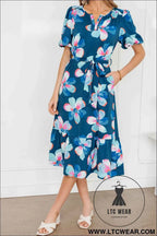 Blue Floral Print Short Puff Sleeve Ruffle Hem Belted Long Dress