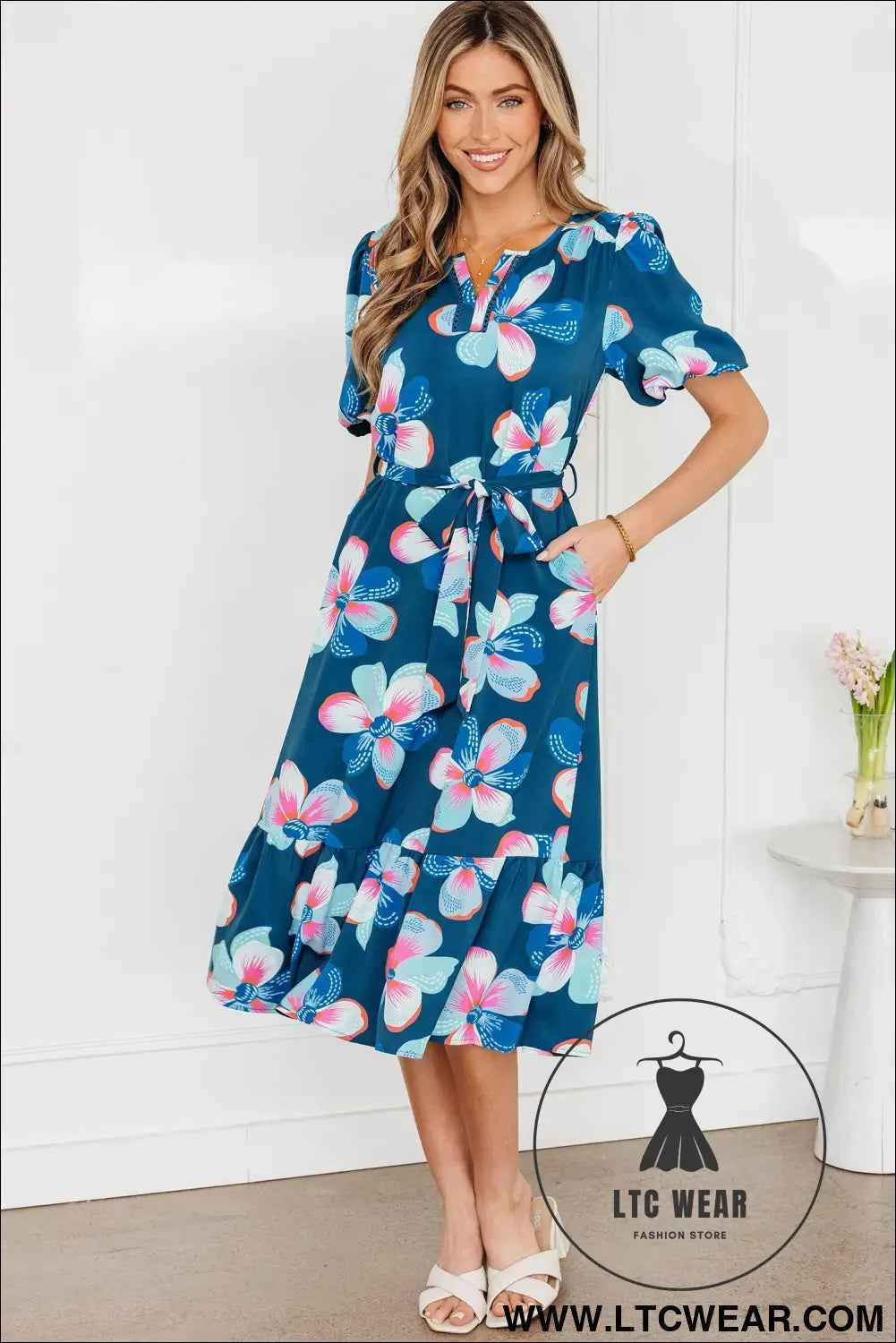 Blue Floral Print Short Puff Sleeve Ruffle Hem Belted Long Dress