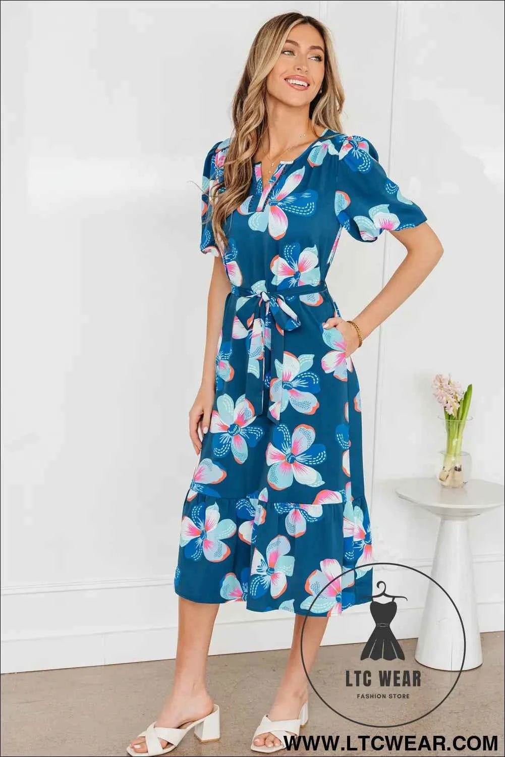 Blue Floral Print Short Puff Sleeve Ruffle Hem Belted Long Dress