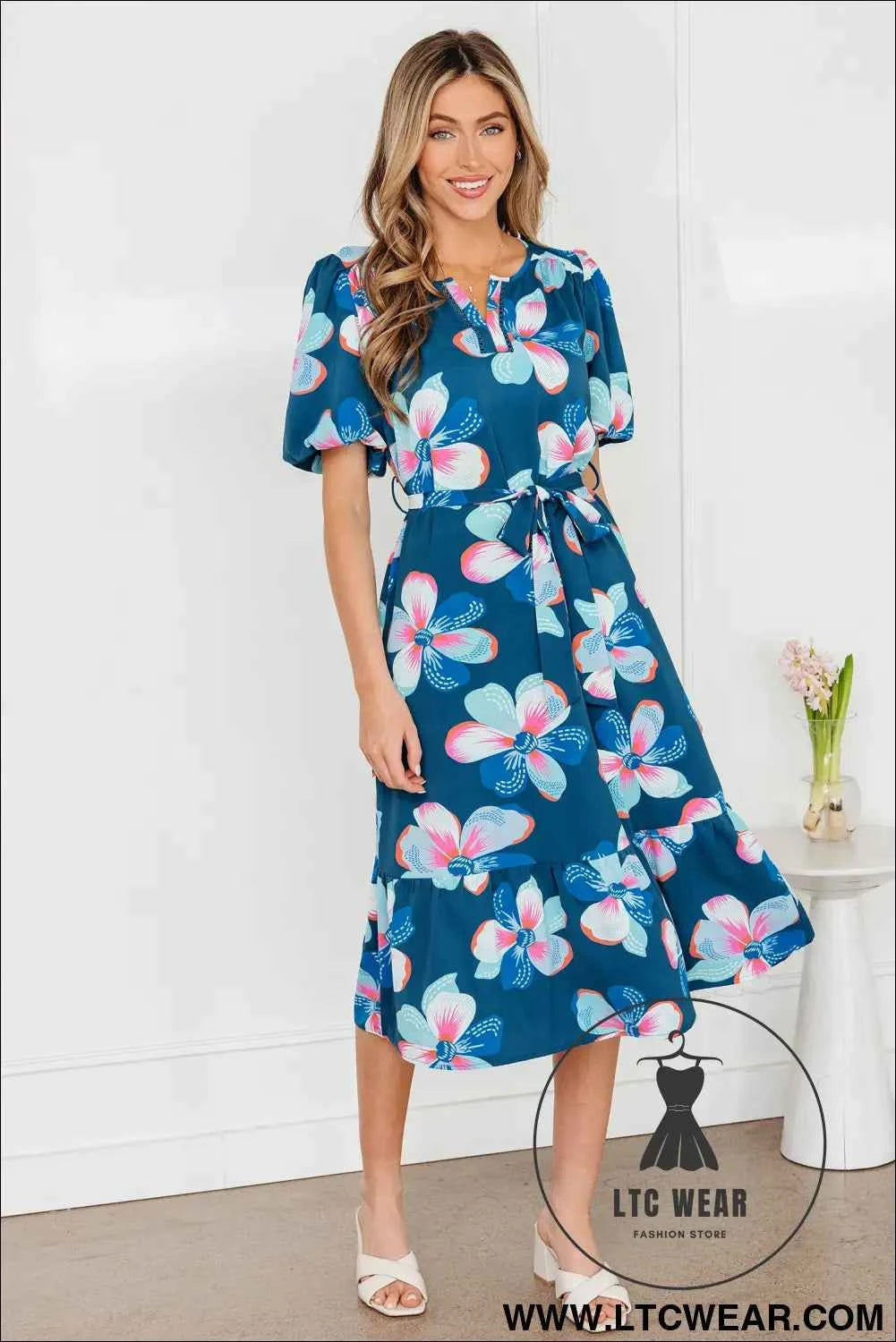 Blue Floral Print Short Puff Sleeve Ruffle Hem Belted Long Dress