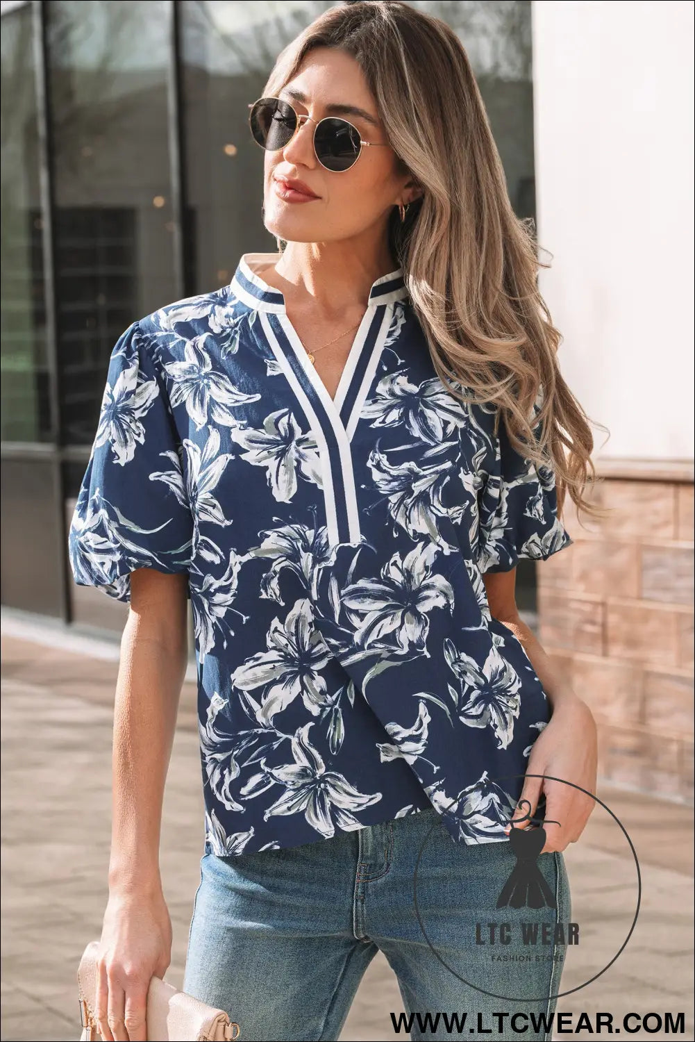 Blue floral print short puff sleeve striped trim v neck blouse - blouses & shirts