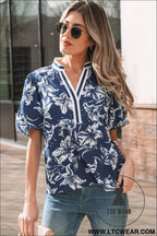 Blue floral print short puff sleeve striped trim v neck blouse - blouses & shirts