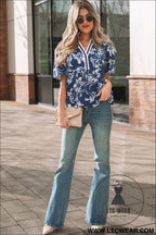 Blue floral print short puff sleeve striped trim v neck blouse - blouses & shirts